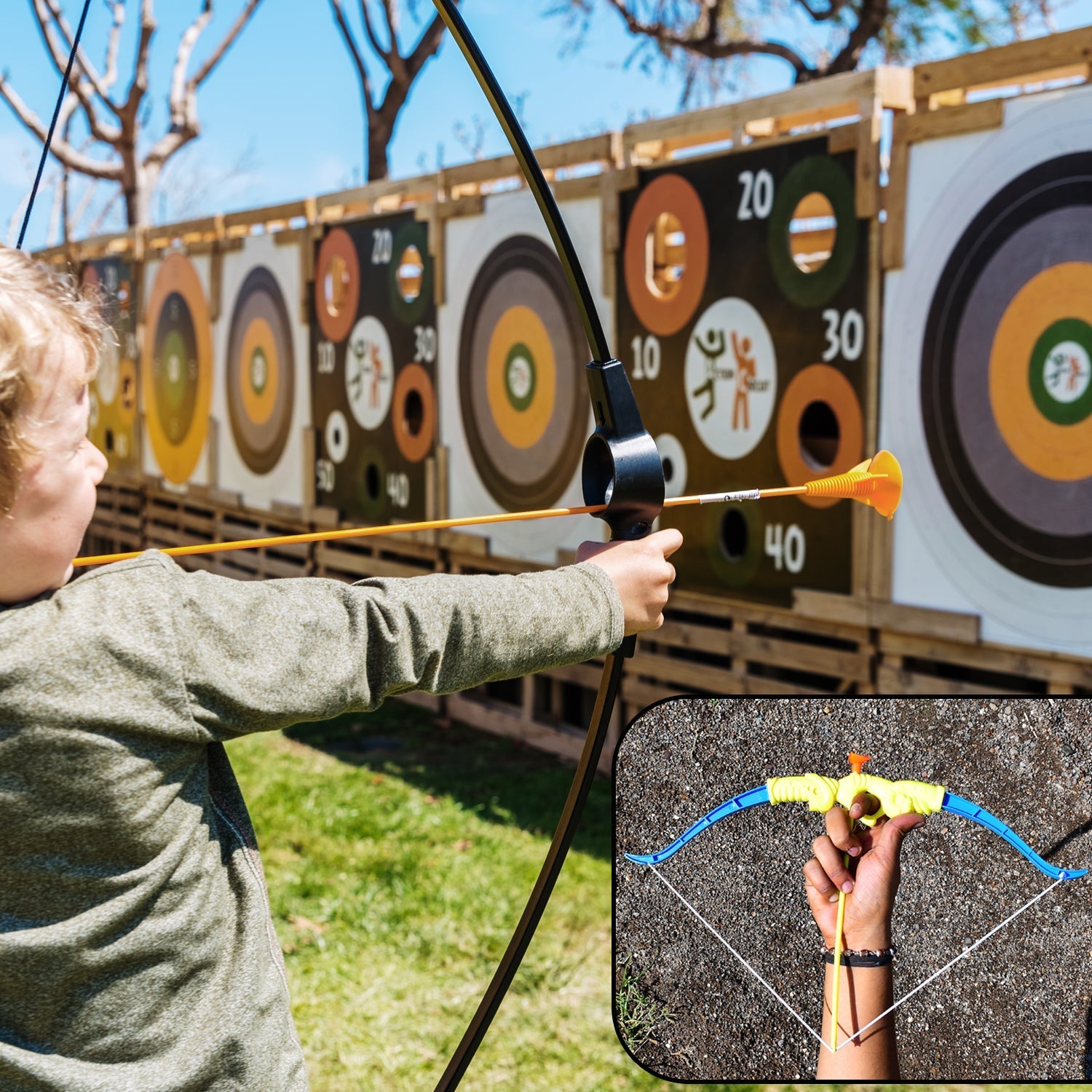 Archery set with bow, arrows, and target board Archery set with bow, arrows, and target board